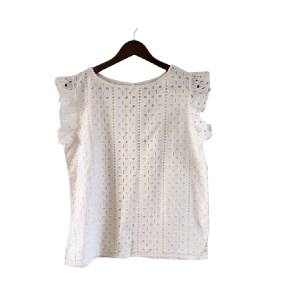 RD Koko Cream Eyelet Lace Cap Ruffle Sleeves Cotton Lined Top Blouse Size M New